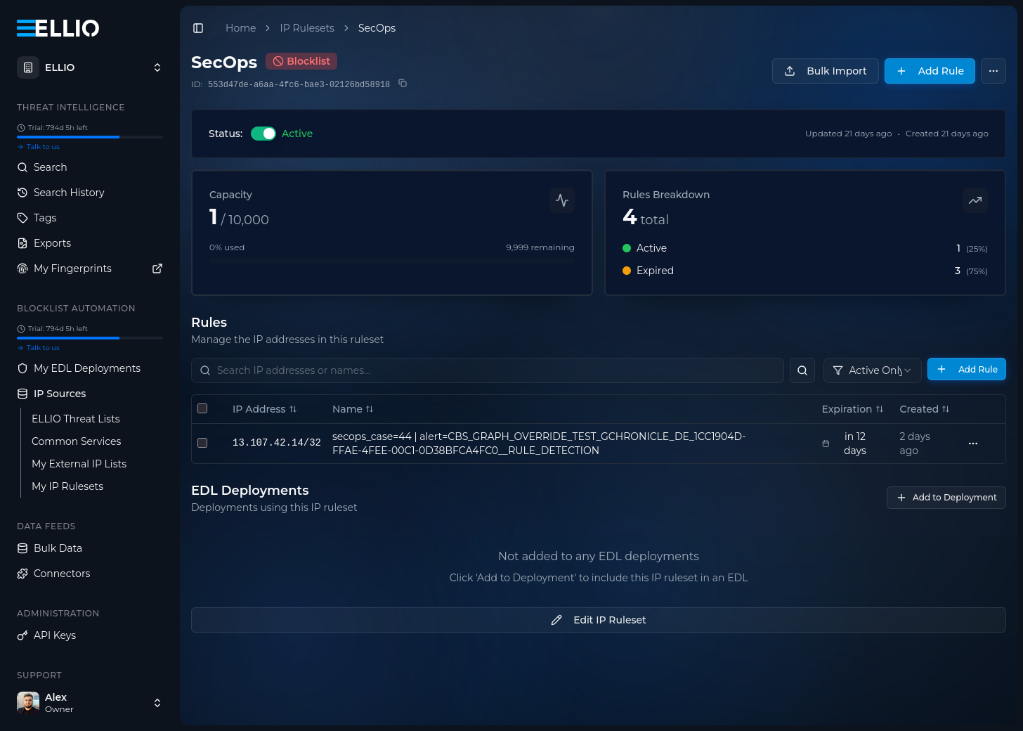 A SecOps-pushed IP in the ELLIO ruleset: parsable case-context rule name and expiration