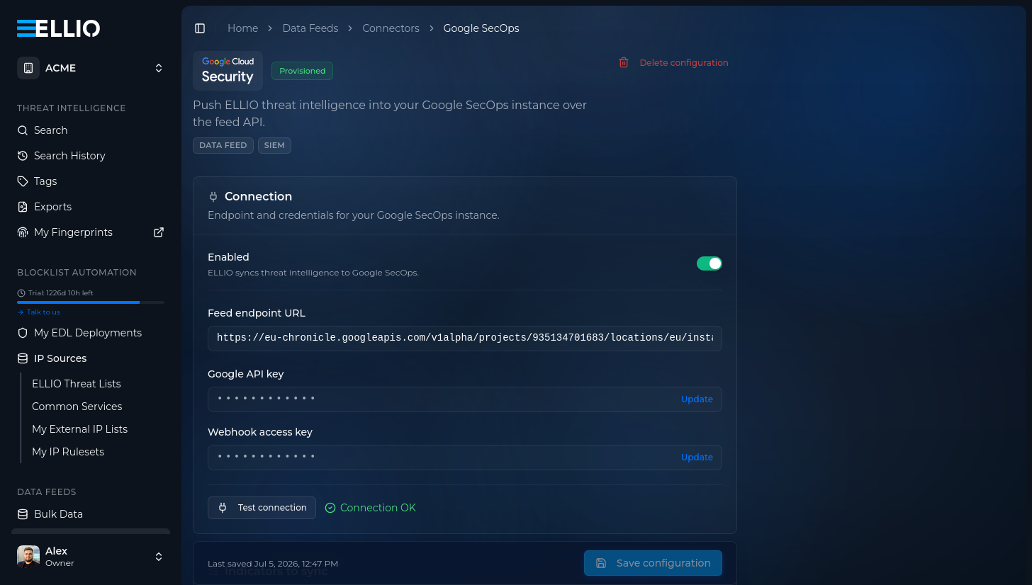 The Connection section of the Google SecOps connector