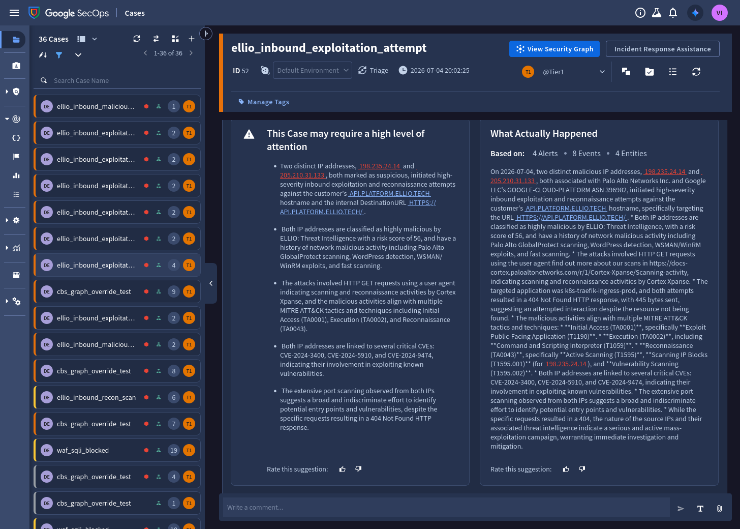 Gemini case overview built on the ELLIO enrichment: risk scores, CVEs, ATT\&CK mapping