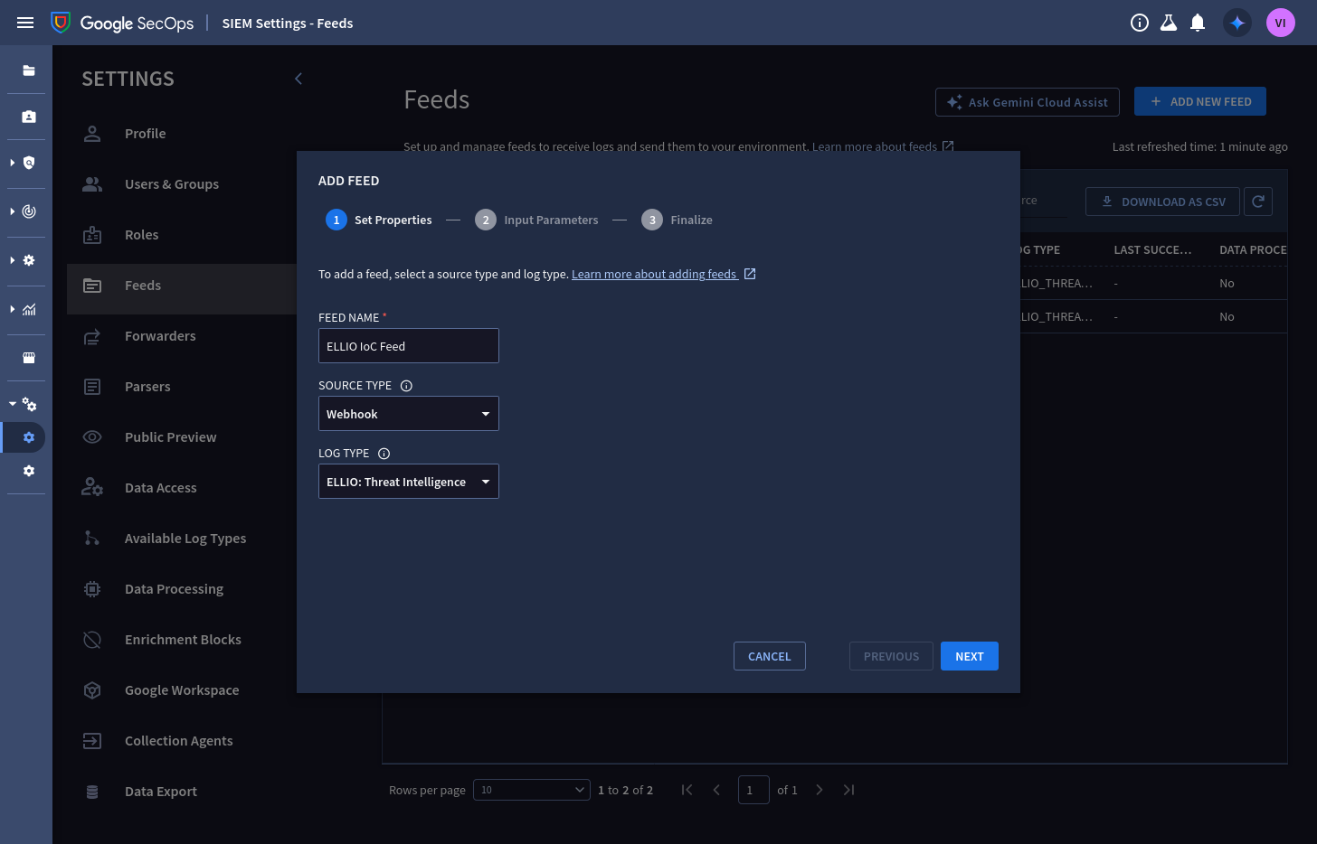 Add feed: source type Webhook, log type ELLIO: Threat Intelligence