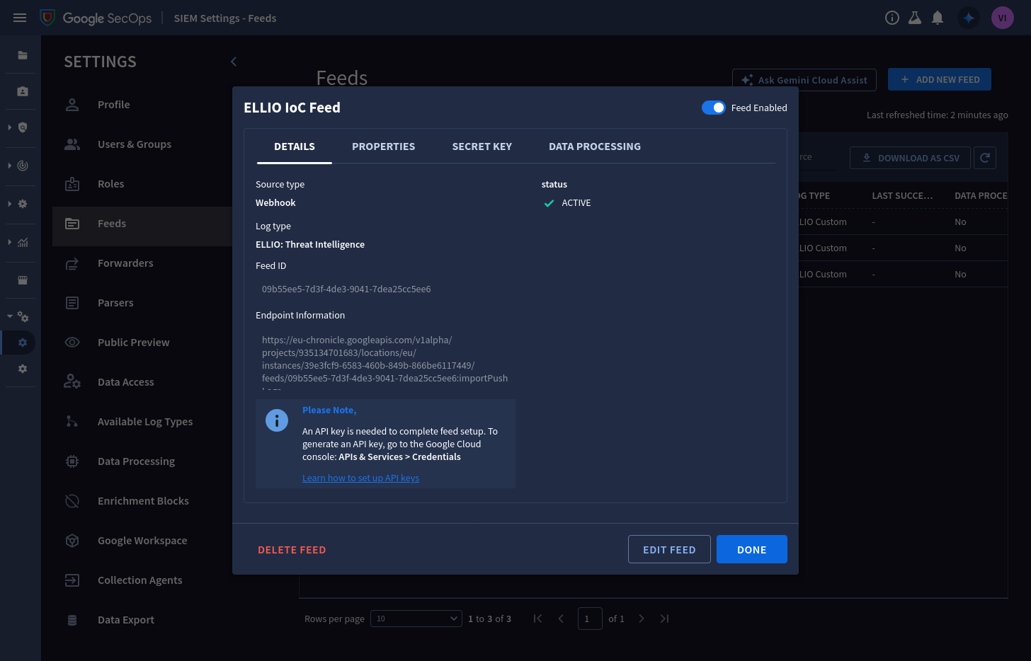 Feed details showing the push endpoint URL