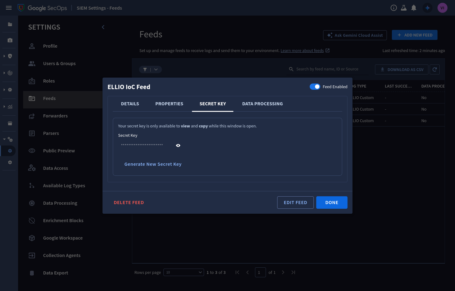 The Secret Key tab of the feed