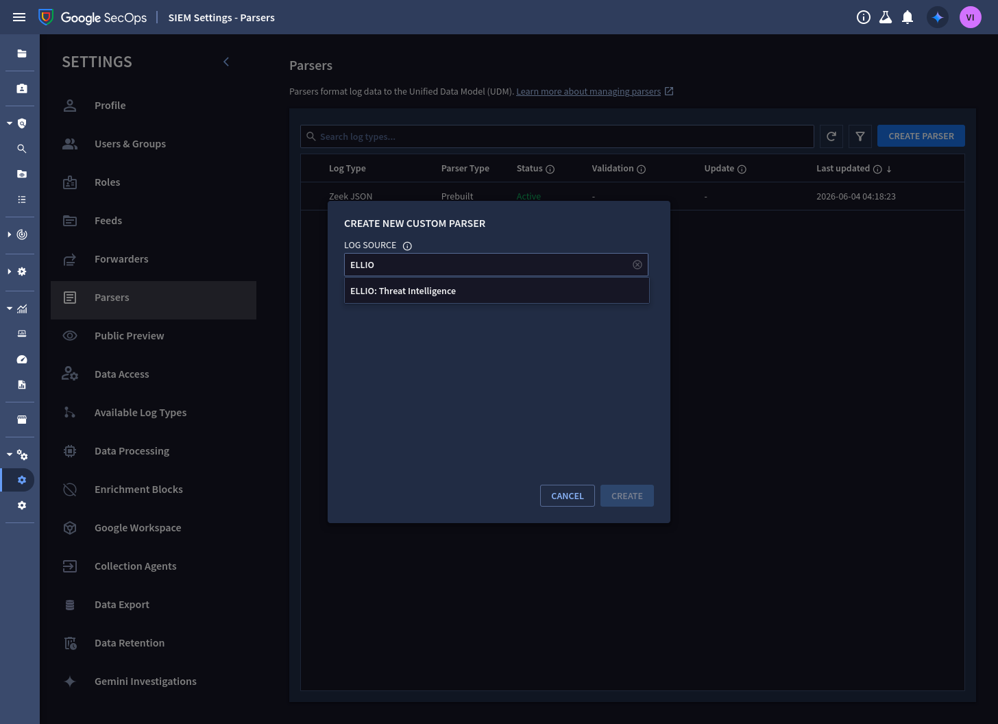 Create new custom parser: the ELLIO: Threat Intelligence log source