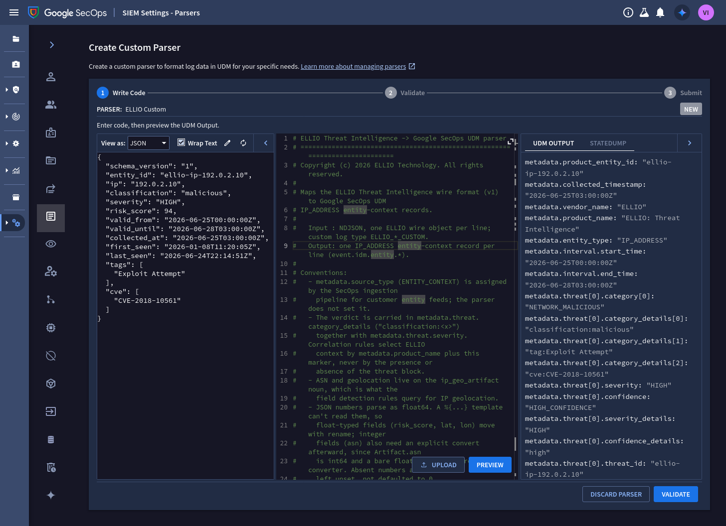 Write Code: sample wire object, parser code, and the UDM output
