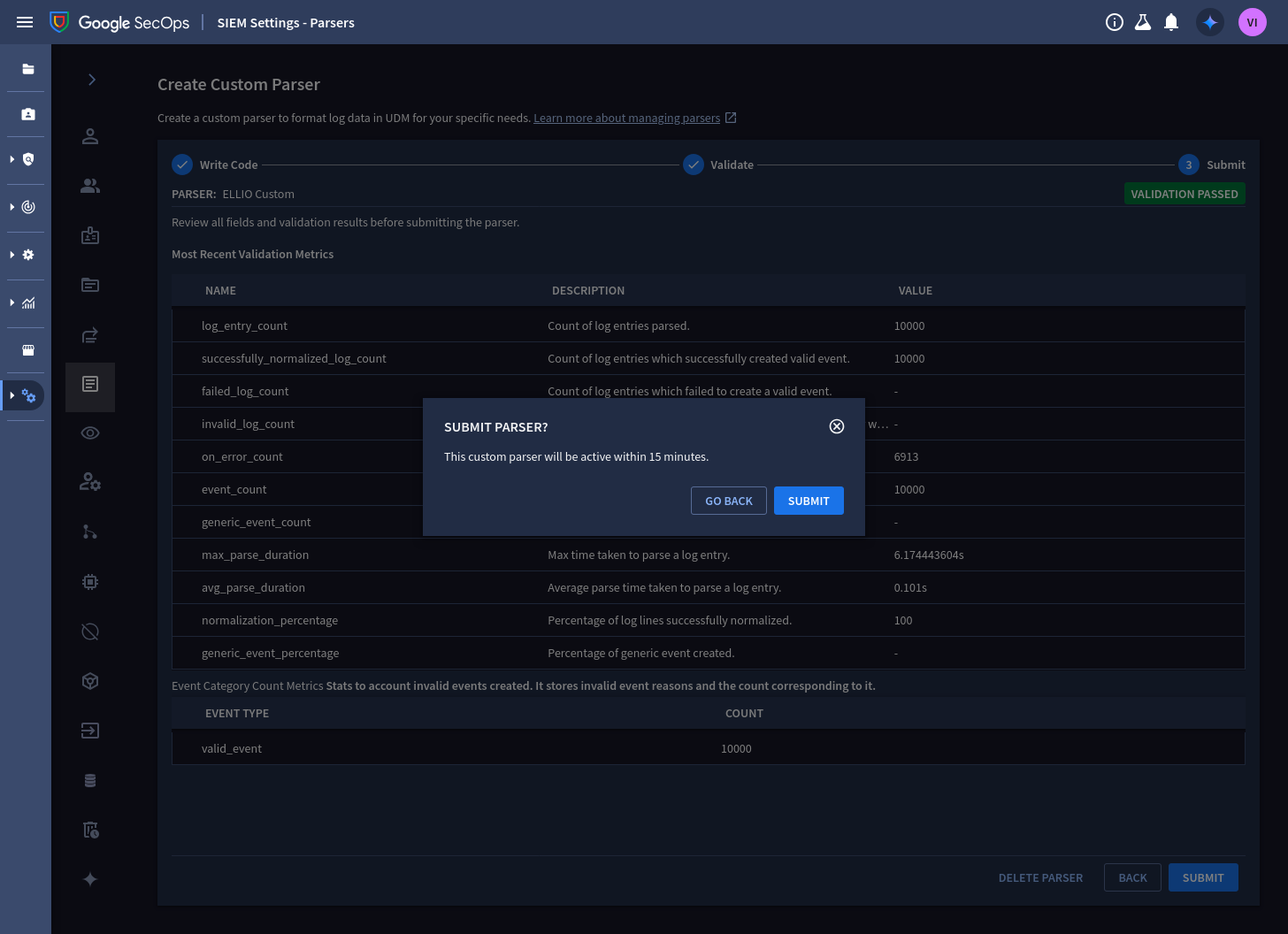 Submit parser: validation passed, active within 15 minutes