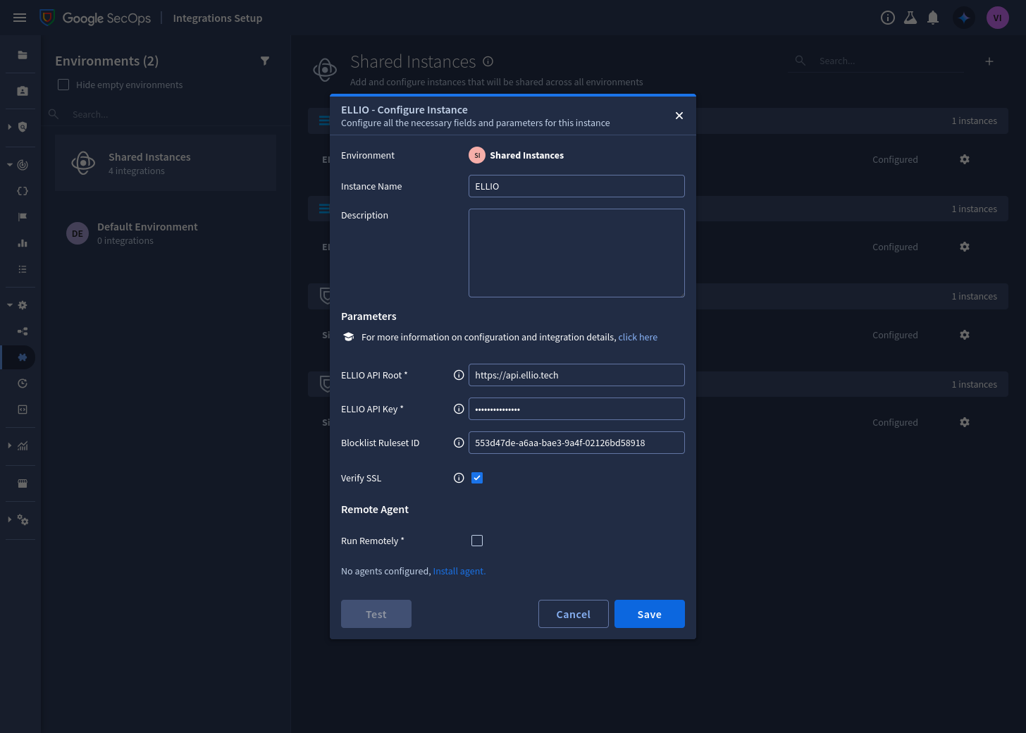 The configured ELLIO instance: API root, key, and Blocklist Ruleset ID